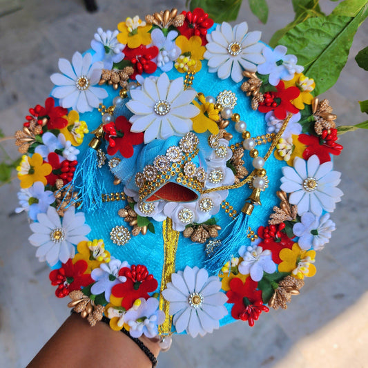 Beautiful sky dress with white flowers + beautiful heavy wooden flower red jhula for laddu gopal ji