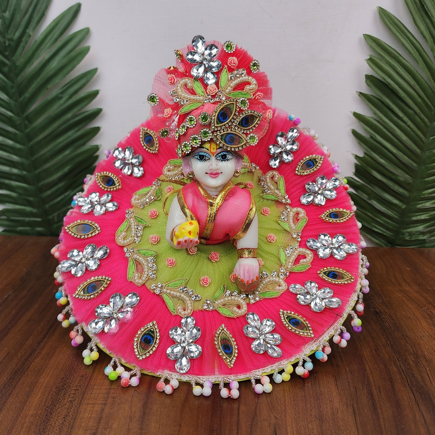 Pista -Pink double frill Heavy Dress for laddu gopal ji with pagdi