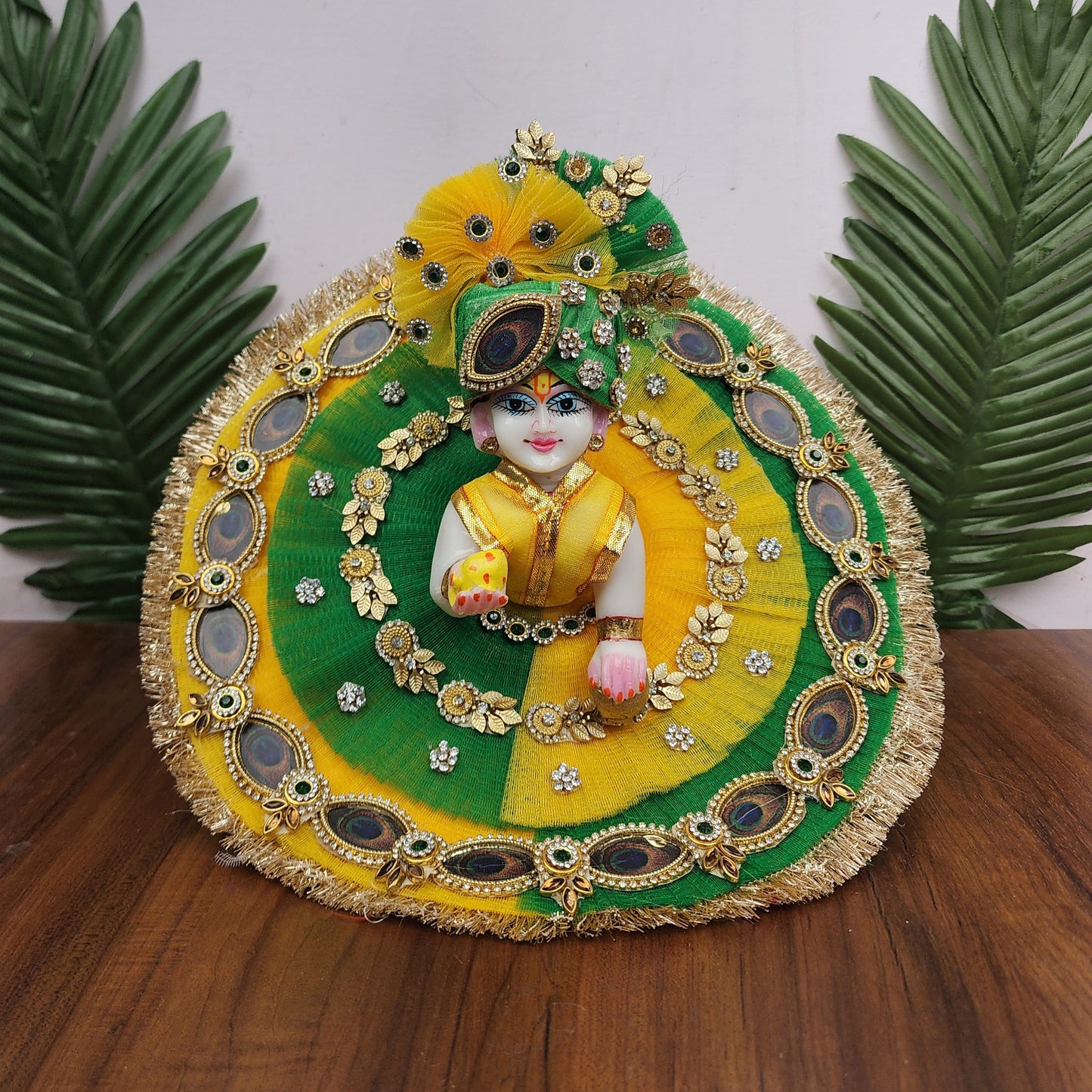 Green Yellow double frill Heavy Dress for laddu gopal ji with pagdi