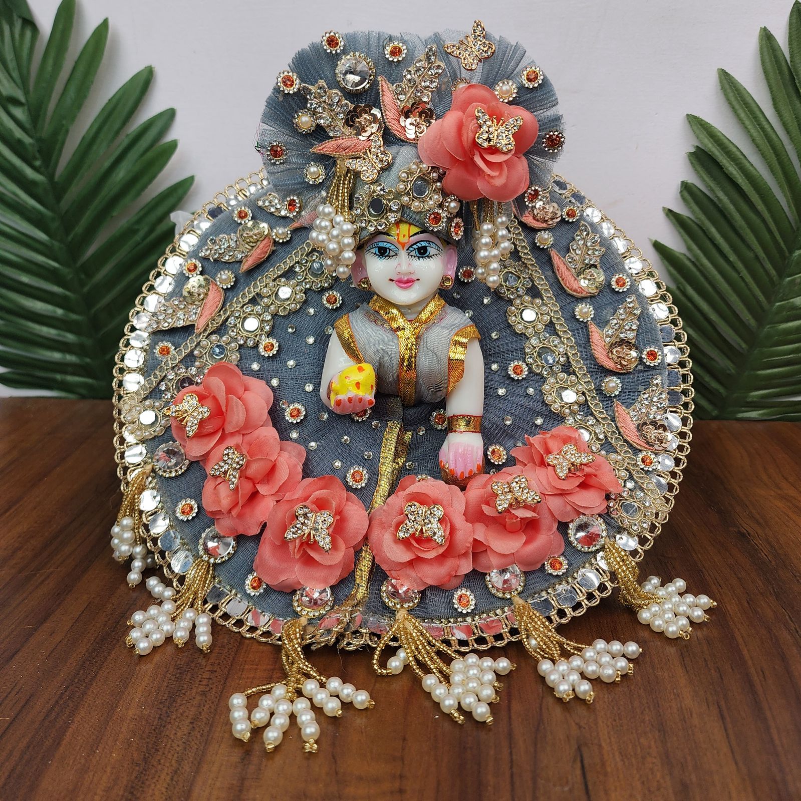 Grey Heavy Dress for laddu gopal ji with pagdi